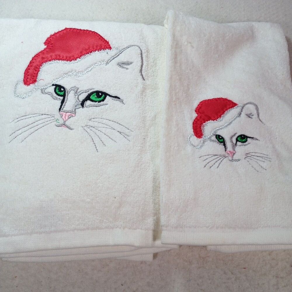Vintage R.A. Briggs “Cat in Santa Hat” Bath & Hand Towel Set – Christmas Decor
